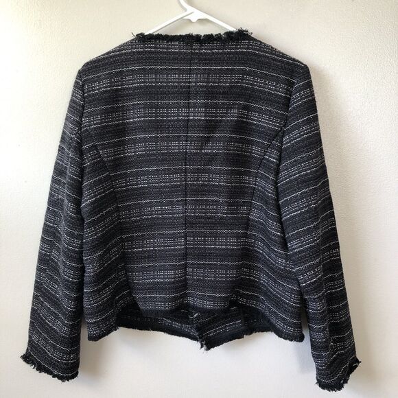 Adrienne Vittadini Open Front Knit Blazer Womens Large Tweed Fringe Trim Jacket - Picture 6 of 12